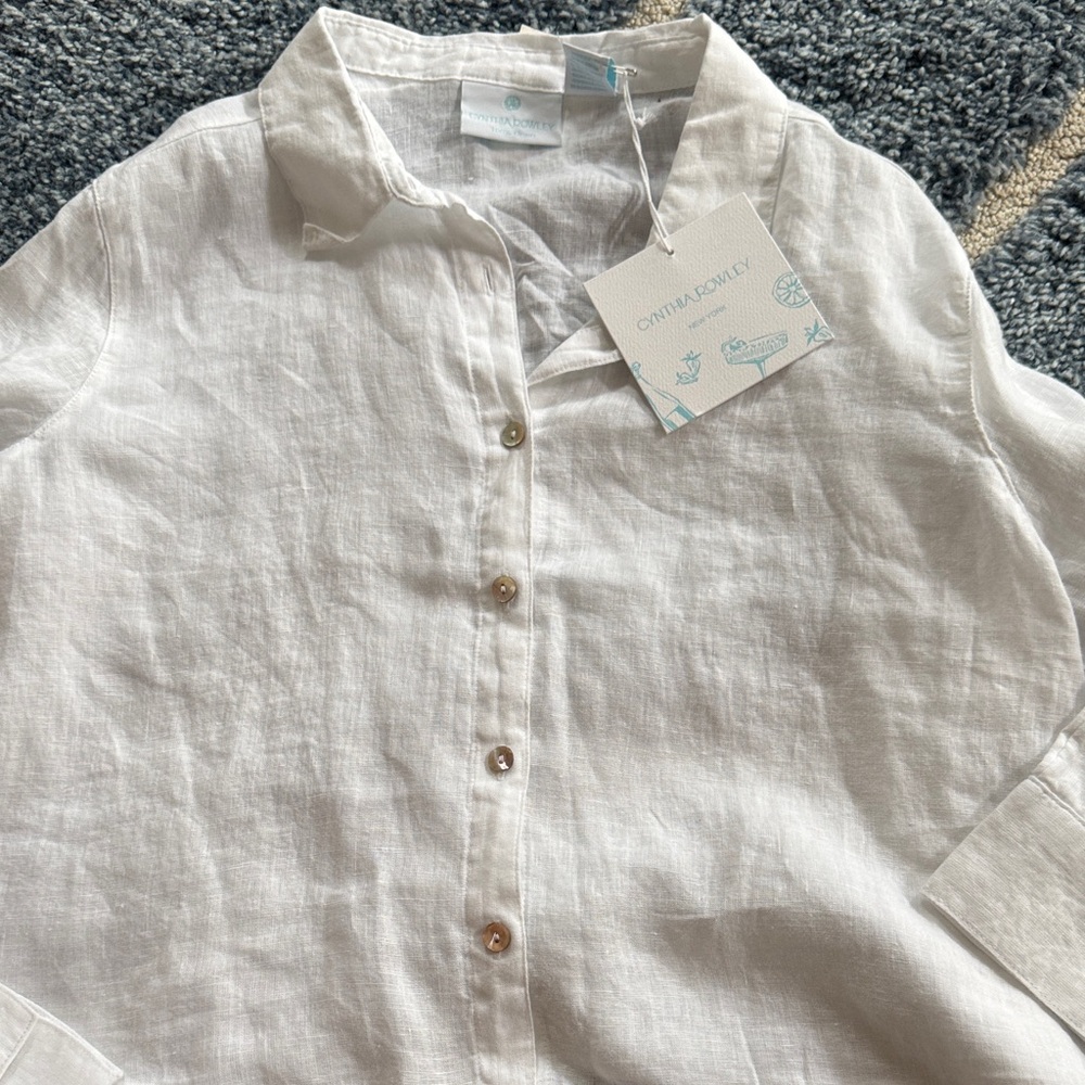 Cynthia Rowley Cropped style White Button Down Linen Shirt - Picture 4 of 5